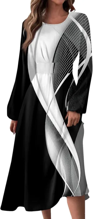 Women's Elegant Long Sleeve Gradient Midi Dress Stylish Casual Wear for Parties Work and Everyday Outfits