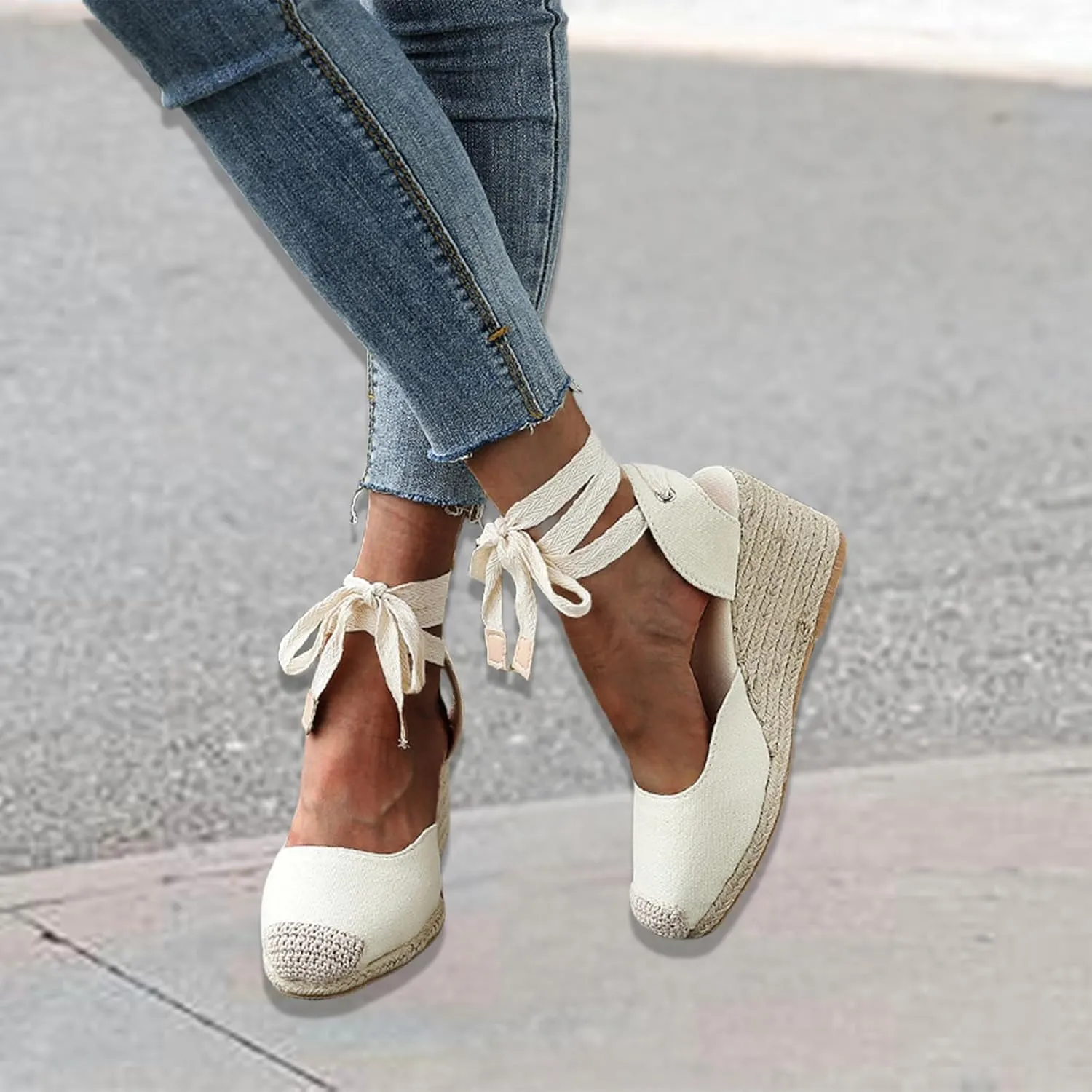 Womens Espadrille Platform Wedge Sandals Closed Toe Lace Up Ankle Strap Slingback Sandals for Women Summer Dressy Comfortable Wedge Heel Casual Shoes