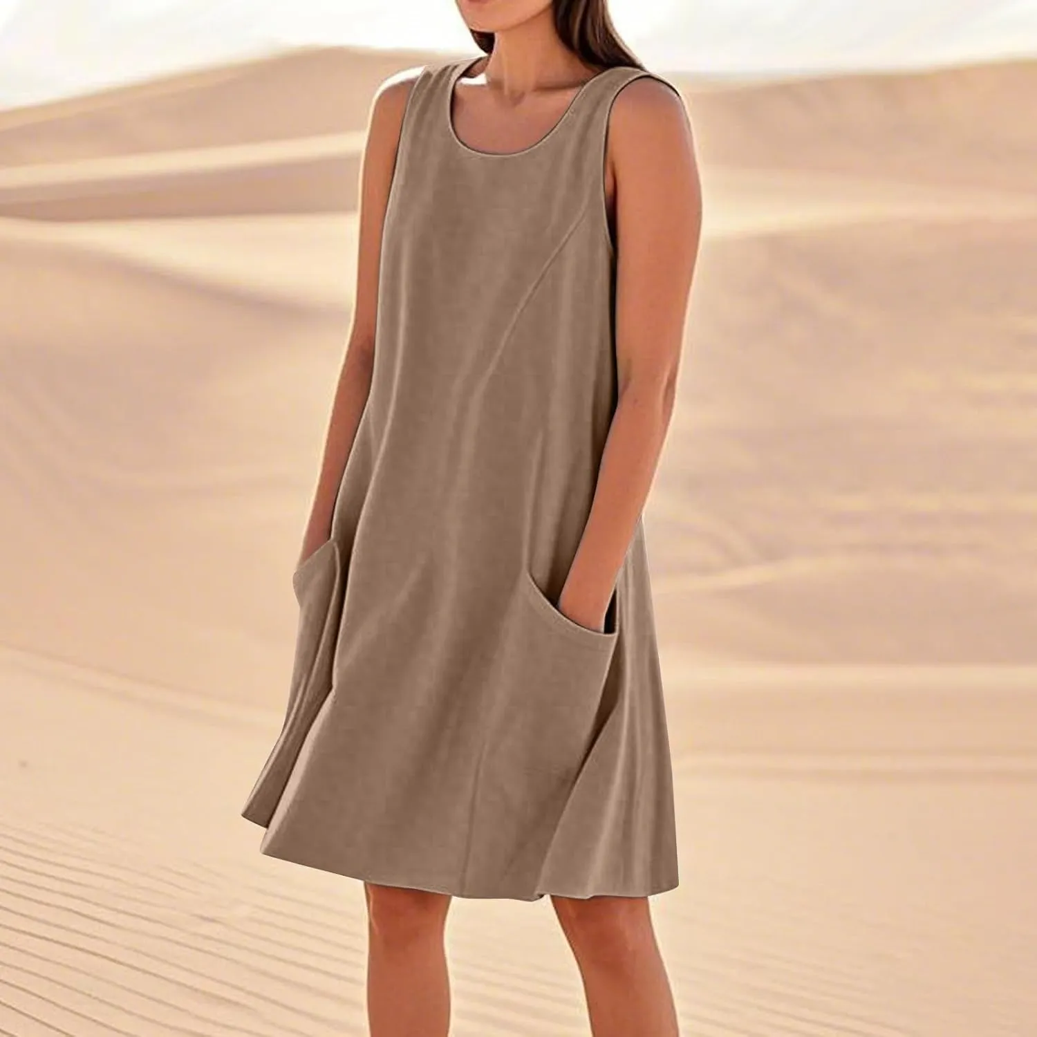 Womens Fashion Summer Vacation Sun Dresses 2025 Loose Sleeveless Sundresses Print Loose Fit Tank Dresses with Pockets