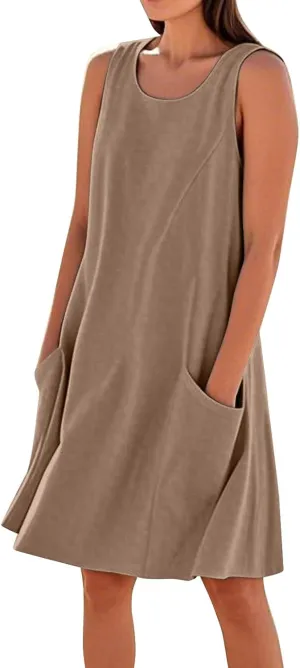 Womens Fashion Summer Vacation Sun Dresses 2025 Loose Sleeveless Sundresses Print Loose Fit Tank Dresses with Pockets