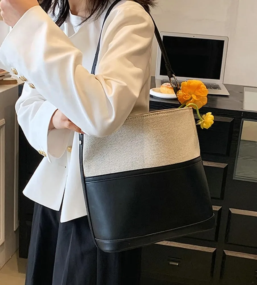 Womens Fashion Vegan Leather Shoulder Tote Bag Large Bucket Purse Splicing Top Handle Handbag Satchel Work