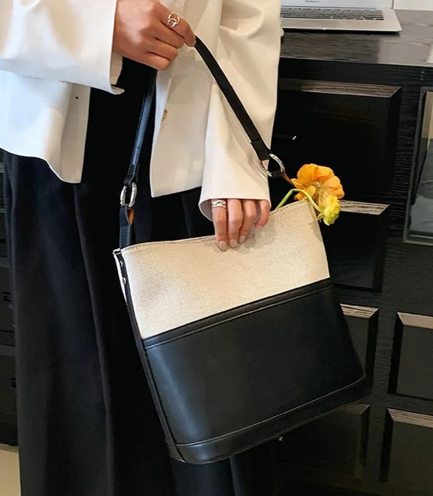 Womens Fashion Vegan Leather Shoulder Tote Bag Large Bucket Purse Splicing Top Handle Handbag Satchel Work