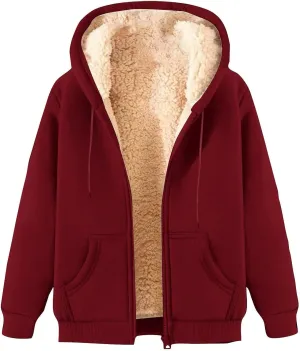Womens Fleece Lined Jacket Full Zip Up Oversized Sherpa Hoodies Casual Warm Sweatshirt Jackets Winter Clothes