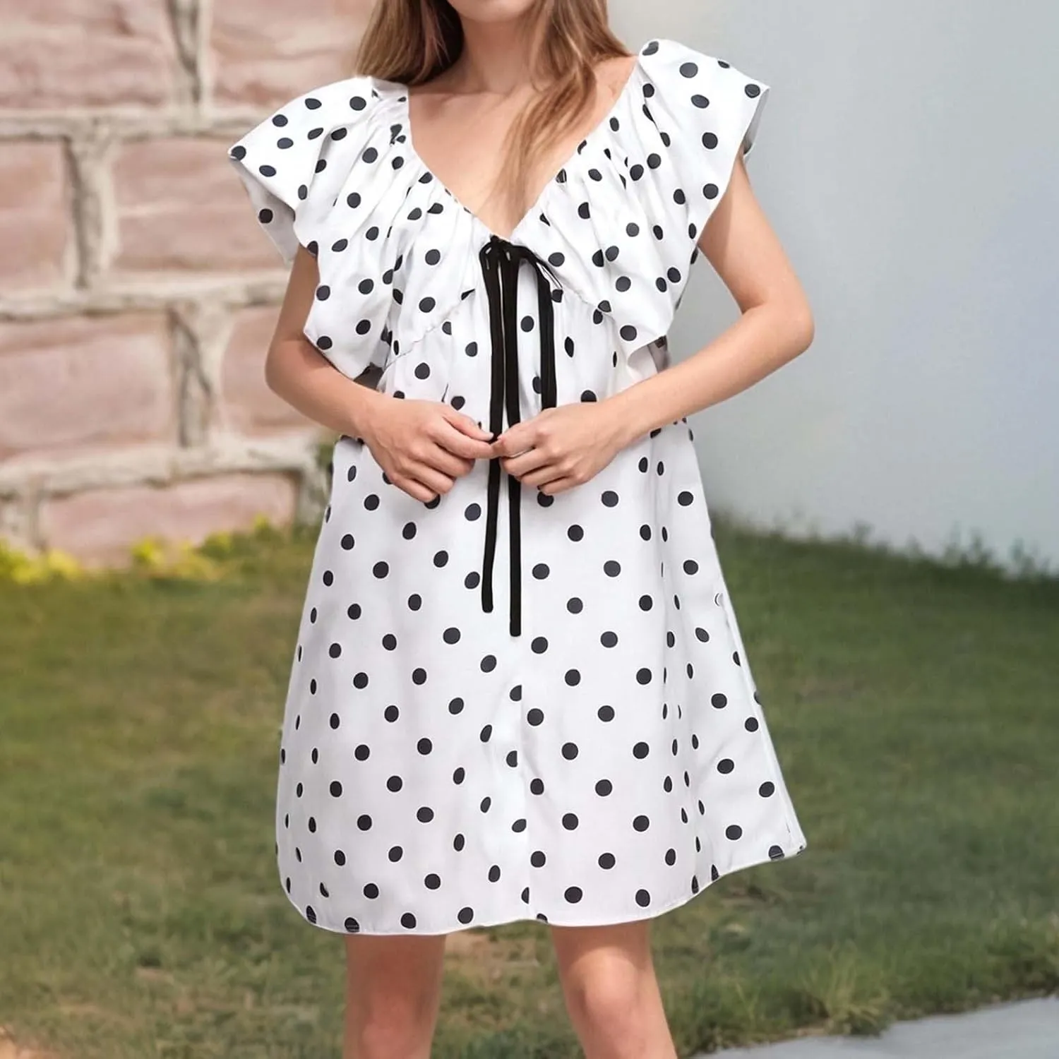 Women's Floral Print Mini Dress Backless V Neck Puff Sleeve Flowy Dresses Short Babydoll Bow Shirts Sundress