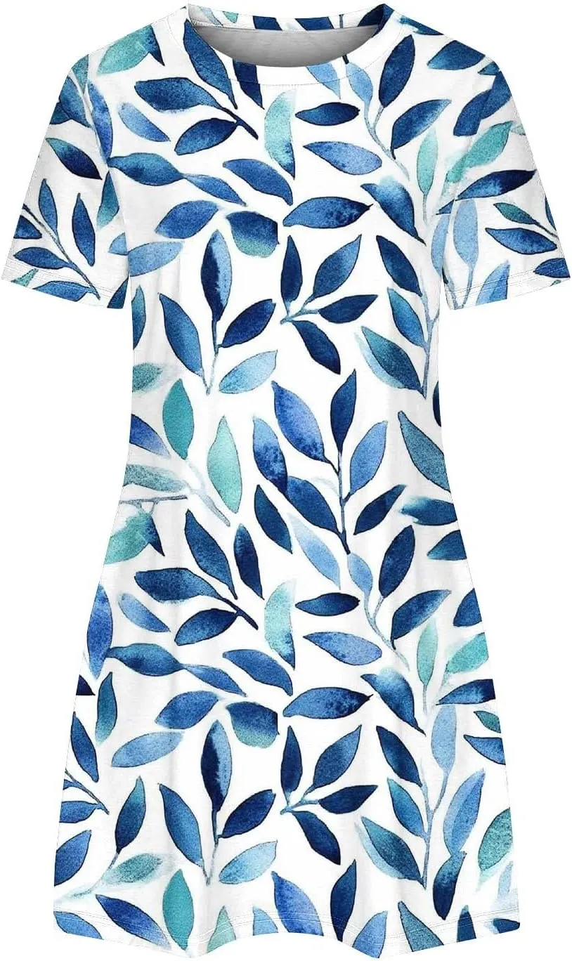 Women's Floral T-Shirt Dress Casual Summer Short Sleeve Mini Dresses Crewneck Tunic Trendy Sundress