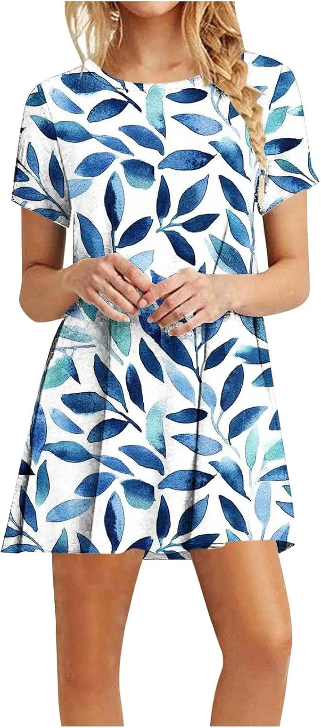 Women's Floral T-Shirt Dress Casual Summer Short Sleeve Mini Dresses Crewneck Tunic Trendy Sundress