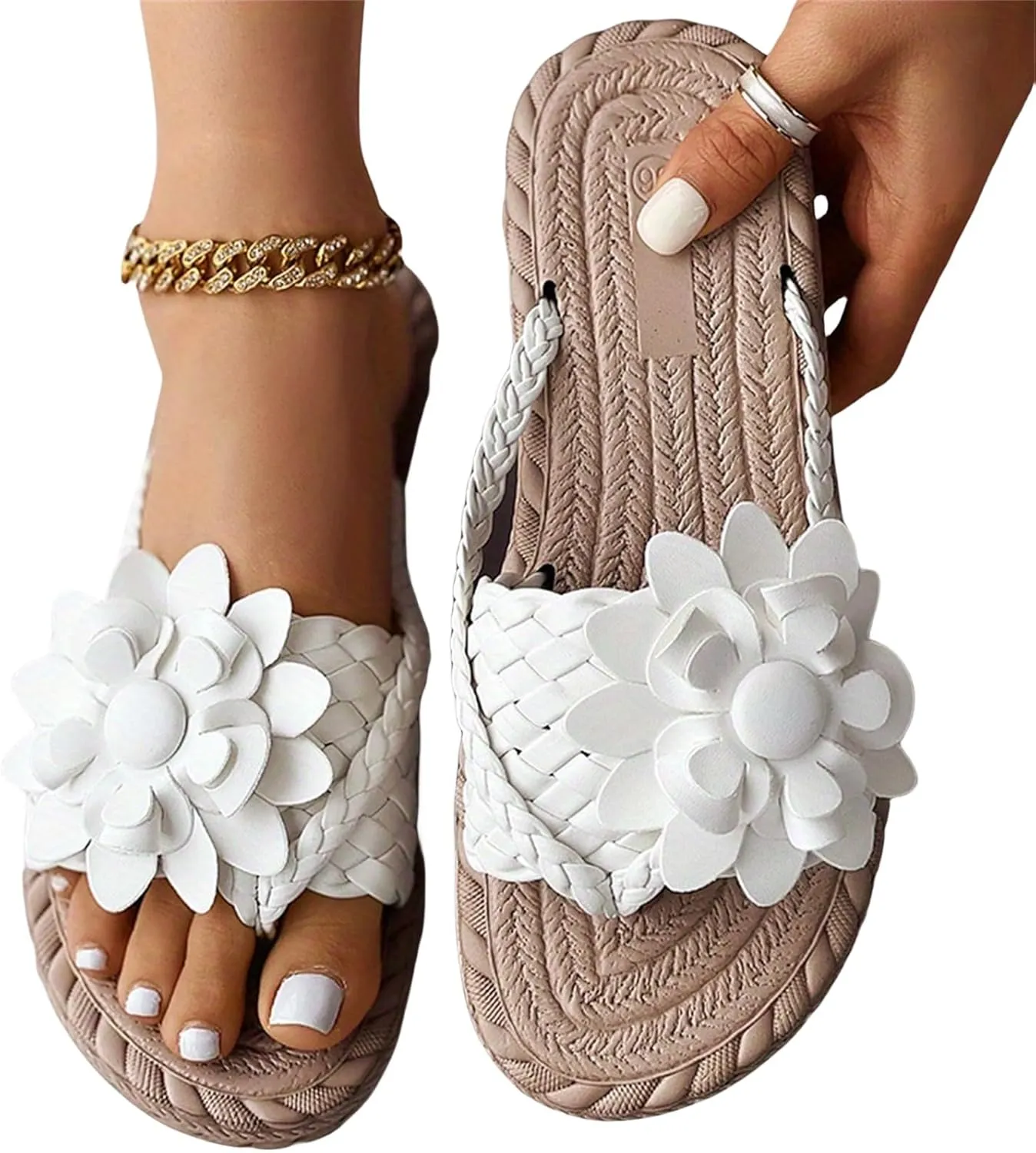 Womens Floral Trendy Flat Sandals Fashion Braided Comfortable Slip on Flip Flops Boho Slide Outdoor Beach Casual Slippers Elegant Walking Breathable Shoes