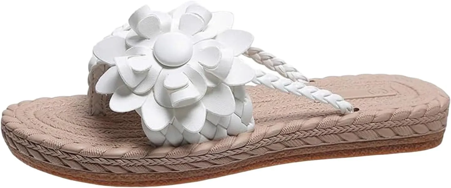 Womens Floral Trendy Flat Sandals Fashion Braided Comfortable Slip on Flip Flops Boho Slide Outdoor Beach Casual Slippers Elegant Walking Breathable Shoes