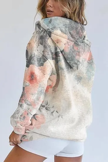 Women's Full Zip Up Hoodie Y2K Oversized Long Sleeve Cute Hooded Sweatshirts with Pocket Floral Jacket Coat for Women