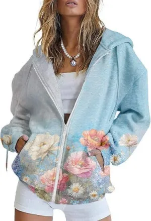 Women's Full Zip Up Hoodie Y2K Oversized Long Sleeve Cute Hooded Sweatshirts with Pocket Floral Jacket Coat for Women