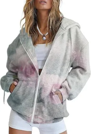 Women's Full Zip Up Hoodie Y2K Oversized Long Sleeve Cute Hooded Sweatshirts with Pocket Floral Jacket Coat for Women