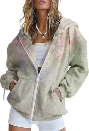 Women's Full Zip Up Hoodie Y2K Oversized Long Sleeve Cute Hooded Sweatshirts with Pocket Floral Jacket Coat for Women