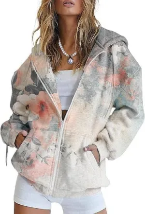 Women's Full Zip Up Hoodie Y2K Oversized Long Sleeve Cute Hooded Sweatshirts with Pocket Floral Jacket Coat for Women