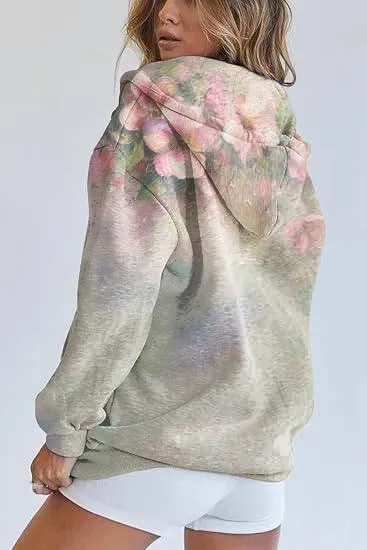 Women's Full Zip Up Hoodie Y2K Oversized Long Sleeve Cute Hooded Sweatshirts with Pocket Floral Jacket Coat for Women