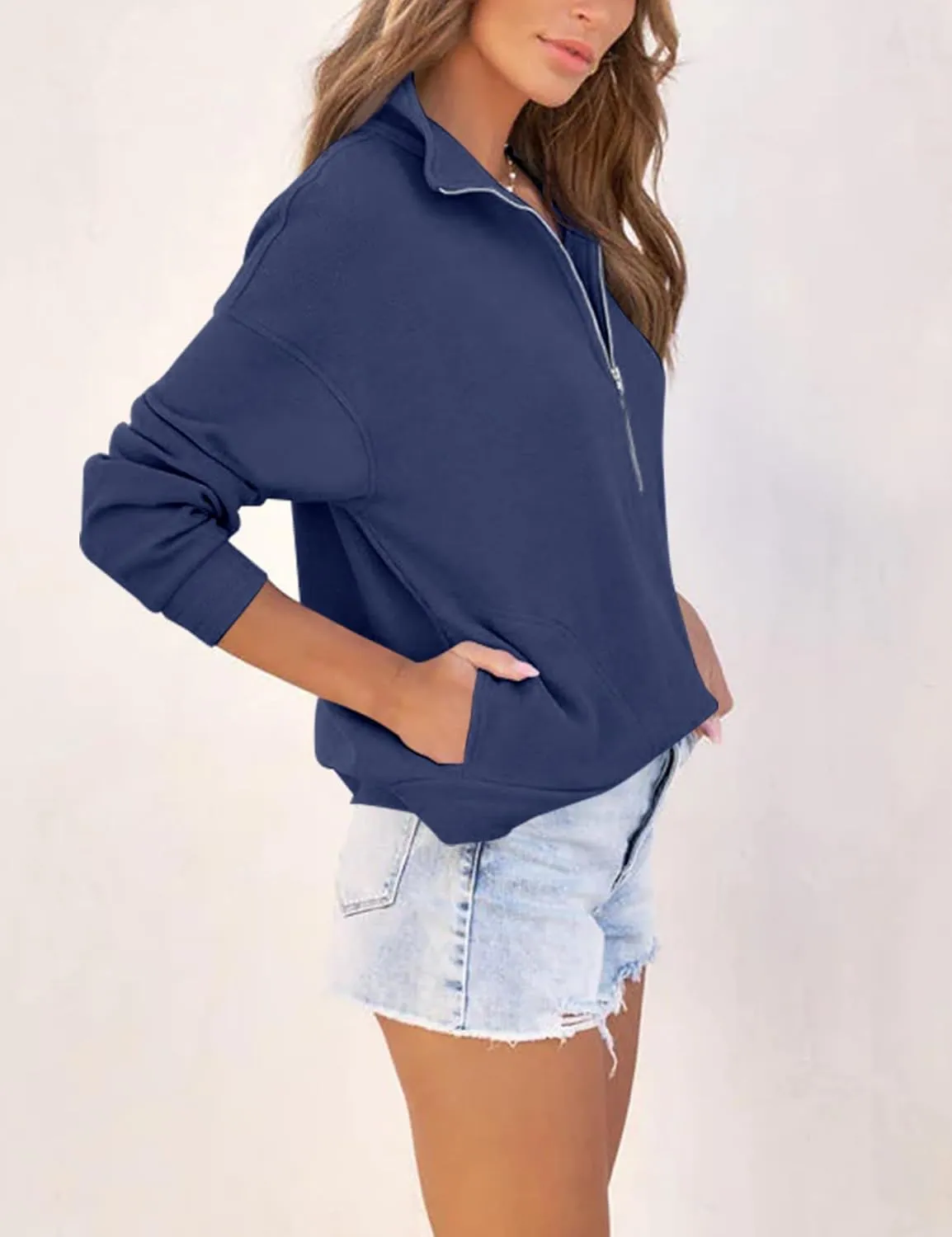 Womens Half Zip Sweatshirts Long Sleeve Fashion Hoodies 2024 Fall Casual Drop Shoulder Tops with Pockets