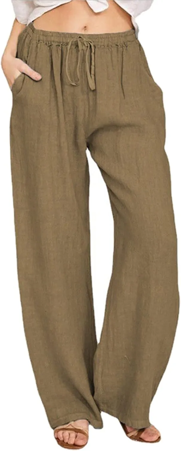 Women's Linen Pants Flowy Drawstring Wide Leg Palazzo Pants Summer Casual Loose Beach Travel Trousers with Pockets