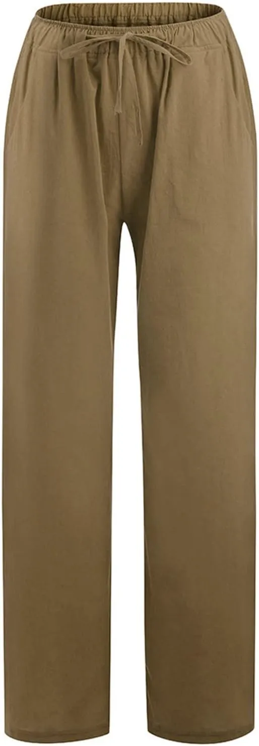 Women's Linen Pants Flowy Drawstring Wide Leg Palazzo Pants Summer Casual Loose Beach Travel Trousers with Pockets