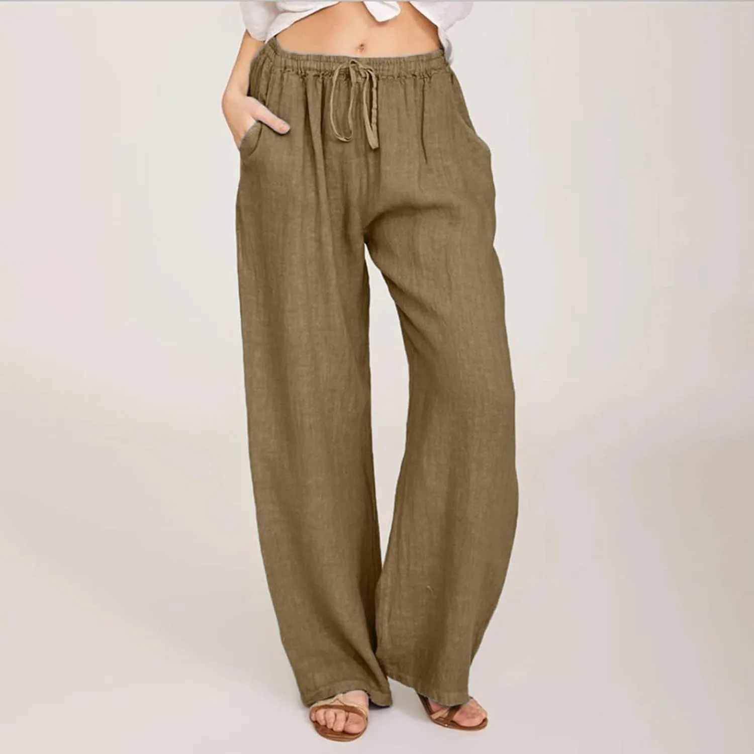 Women's Linen Pants Flowy Drawstring Wide Leg Palazzo Pants Summer Casual Loose Beach Travel Trousers with Pockets