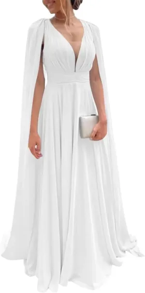 Women's Long Bridesmaid Dresses for Wedding Chiffon Sleeveless Formal Evening Party Gowns with Cape White 26W