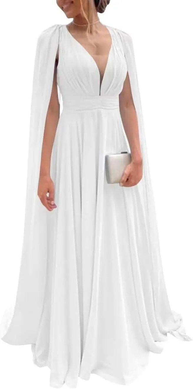 Women's Long Bridesmaid Dresses for Wedding Chiffon Sleeveless Formal Evening Party Gowns with Cape White 26W