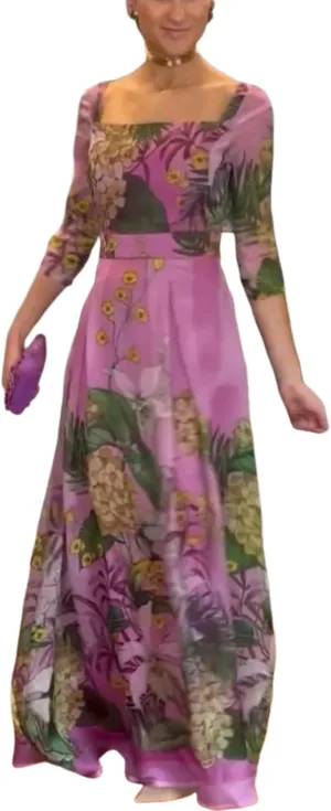 Womens Maxi Dress 3/4 Sleeve Square Neck Tropical Floral Print Flowy Chic 2025 Spring Summer Vacation Party Dress