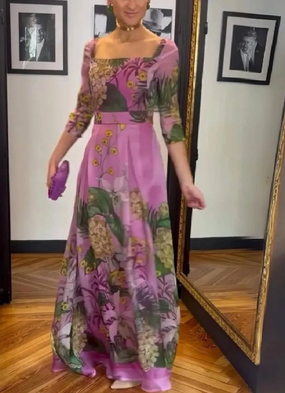 Womens Maxi Dress 3/4 Sleeve Square Neck Tropical Floral Print Flowy Chic 2025 Spring Summer Vacation Party Dress