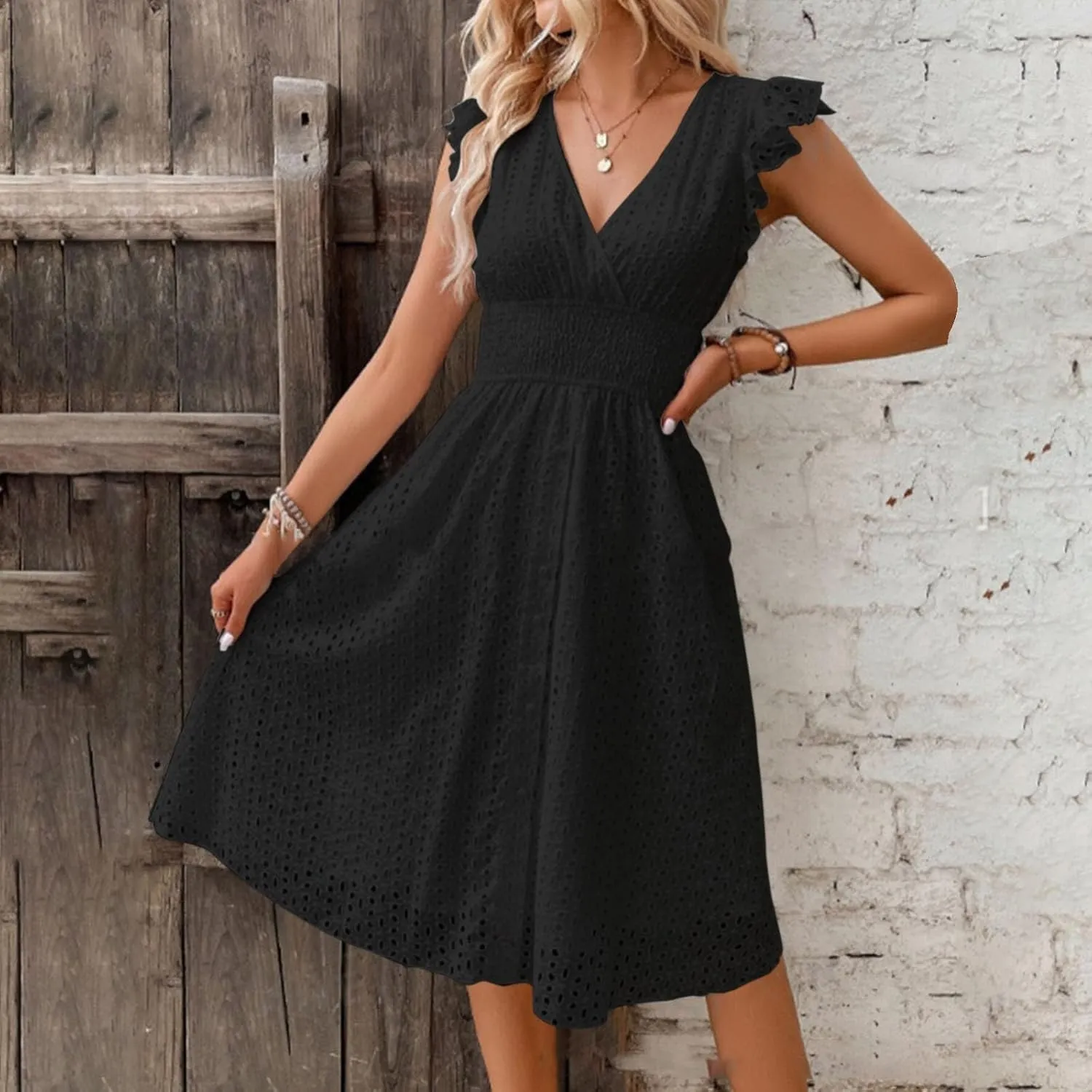 Women's MIDI Lace Cutout Slimming V Neck Plus Size Dress Basics T Shirt Dress