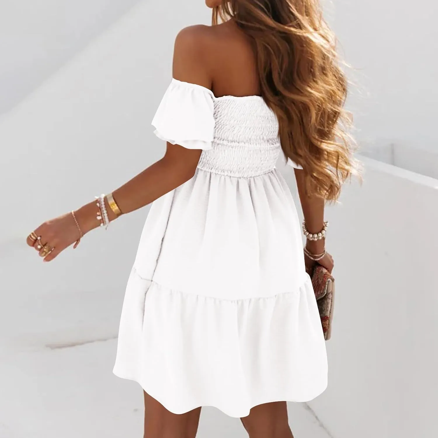 Women's Off The Shoulder Summer Dresses 2025 Short Puff Sleeve Ruffle Elastic Waist A-Line Smocked Casual Mini Dress