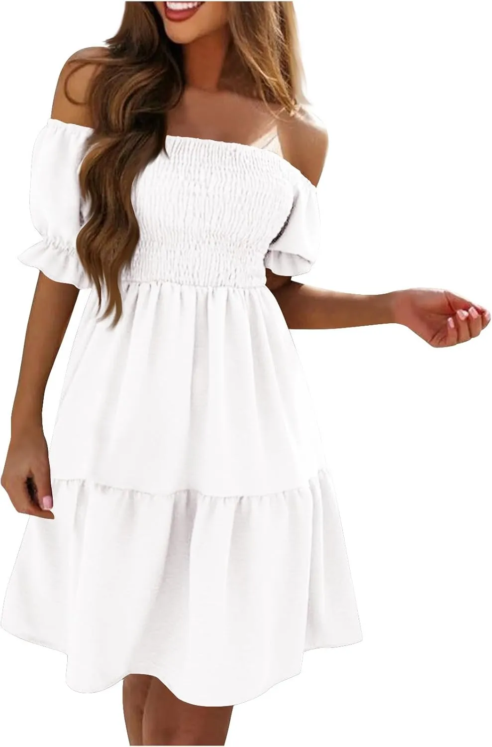 Women's Off The Shoulder Summer Dresses 2025 Short Puff Sleeve Ruffle Elastic Waist A-Line Smocked Casual Mini Dress