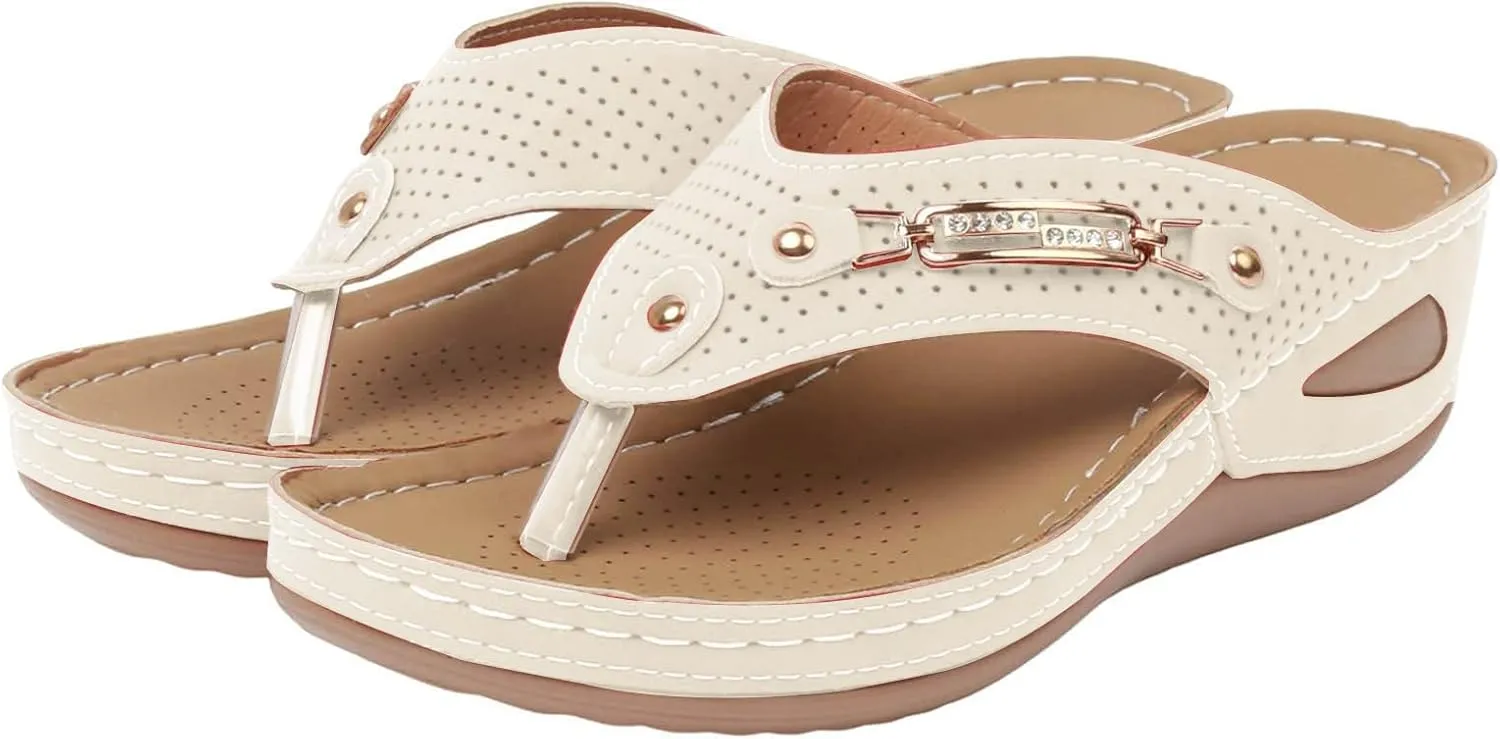 Womens Orthopedic Arch Support Wedge Sandals Casual Walking Low Wedges Slip On Open Toe Non Slip Flip Flops Thick-Soled Wedge Heel Slippers