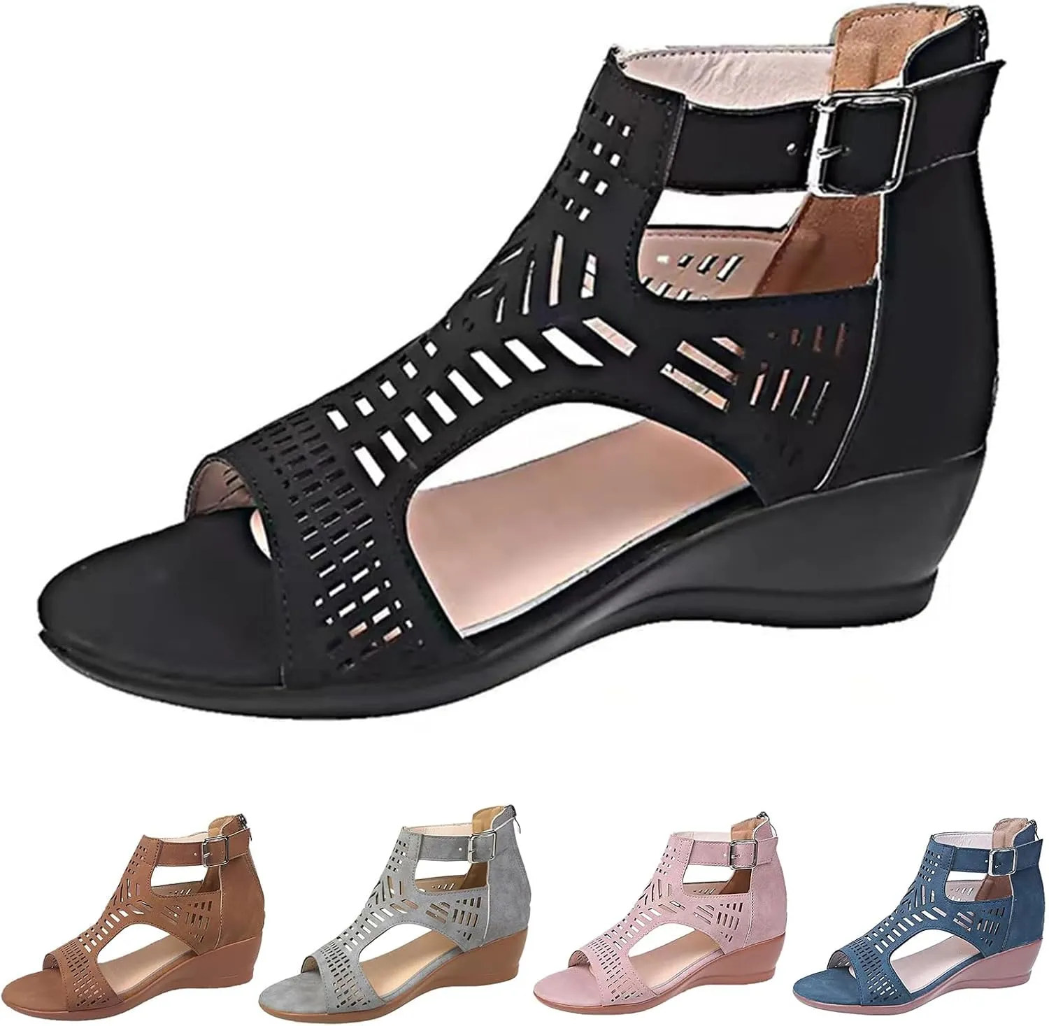 Womens Peep Toe Sandals, Roman Style Buckle Ankle Strap Sandals Hollow Out Breathable Beach Sandals Fashion Booties Mid Heel Outdoor Dress Shoes Comfortable for Office Work&Wedding