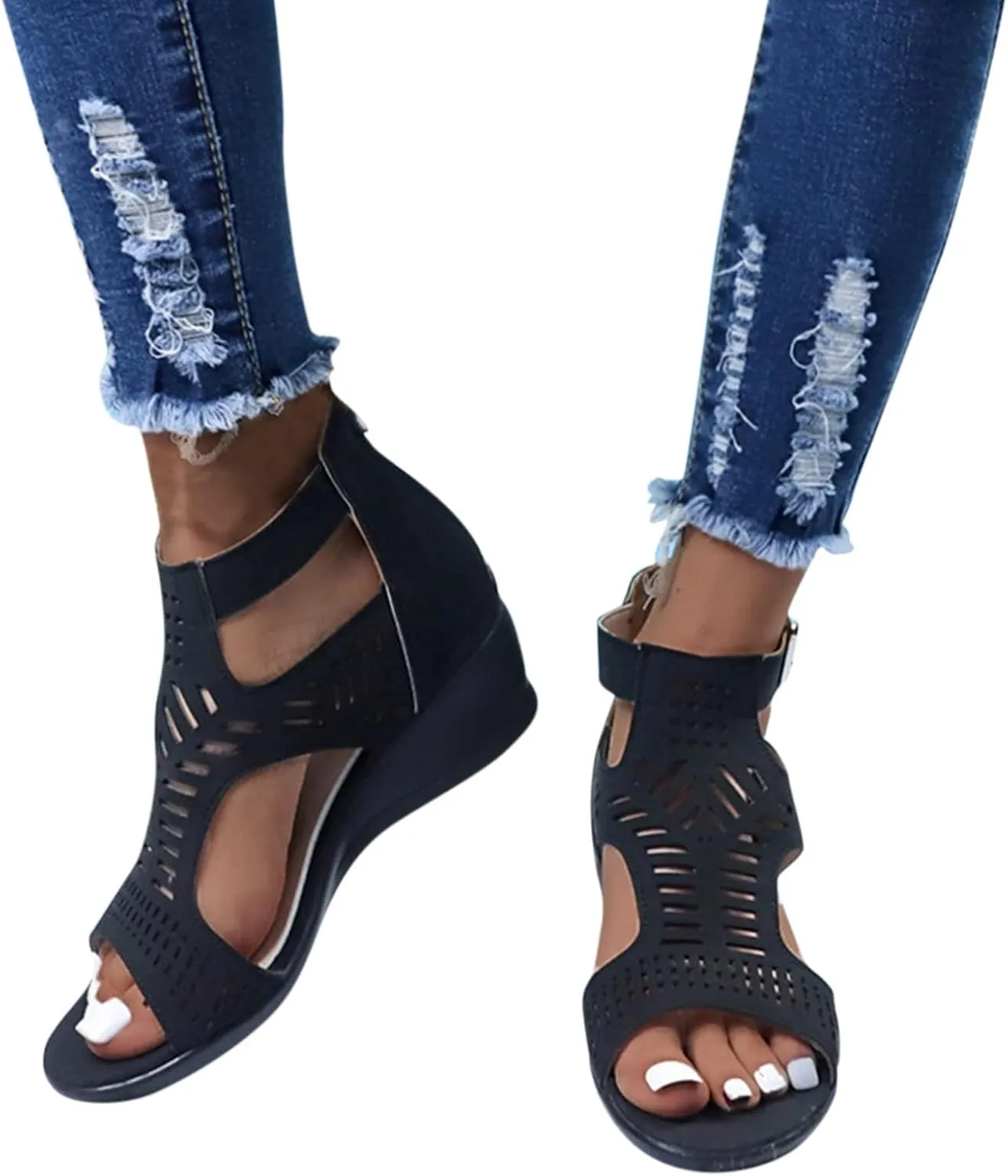 Womens Peep Toe Sandals, Roman Style Buckle Ankle Strap Sandals Hollow Out Breathable Beach Sandals Fashion Booties Mid Heel Outdoor Dress Shoes Comfortable for Office Work&Wedding