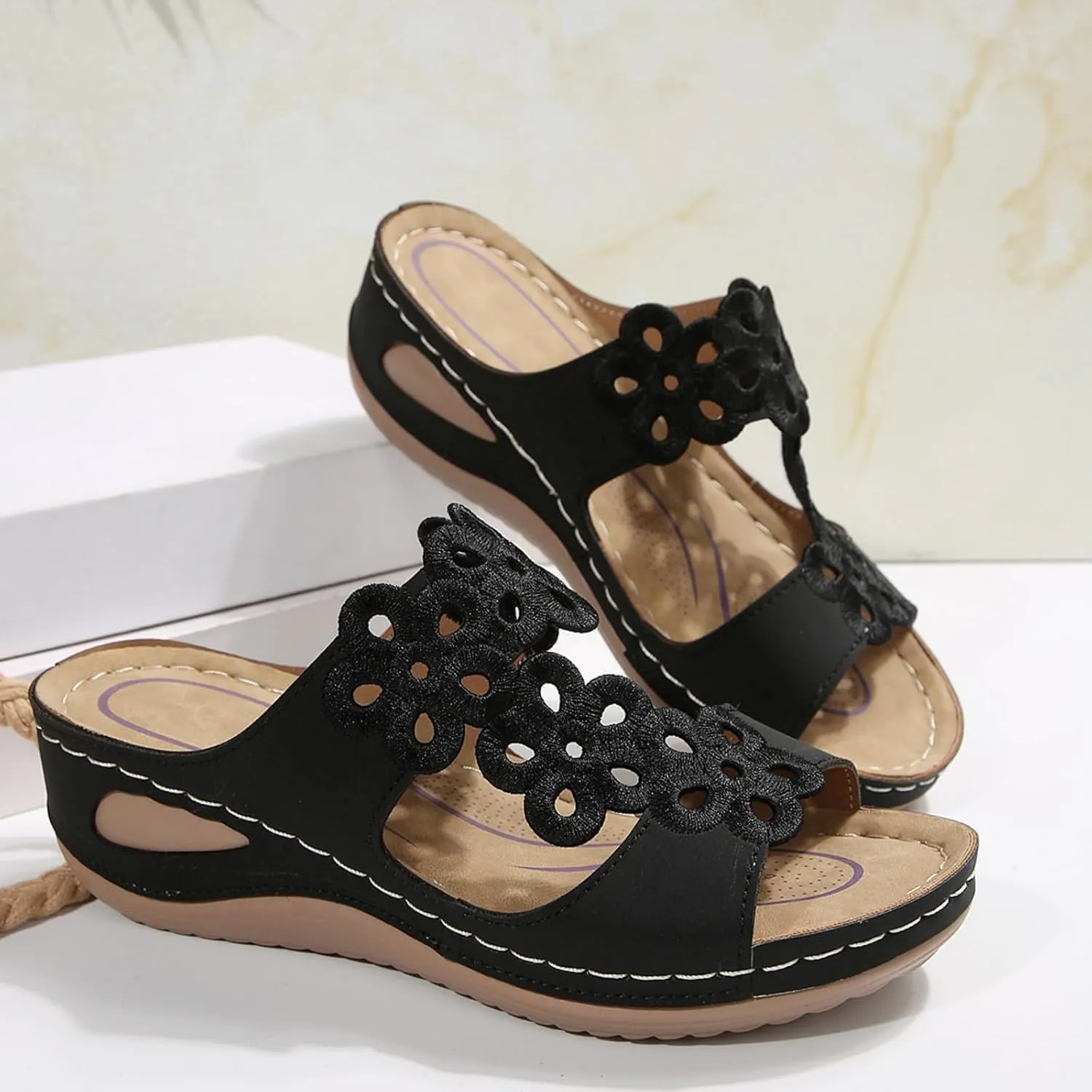 Women's Platform & Wedge Sandals Arch Support Orthopedic Sandals Hollow Out Flower Two Strap Wedges, Comfortable Slip On Walking Slippers Open Toe Casual Beach Platform Shoes