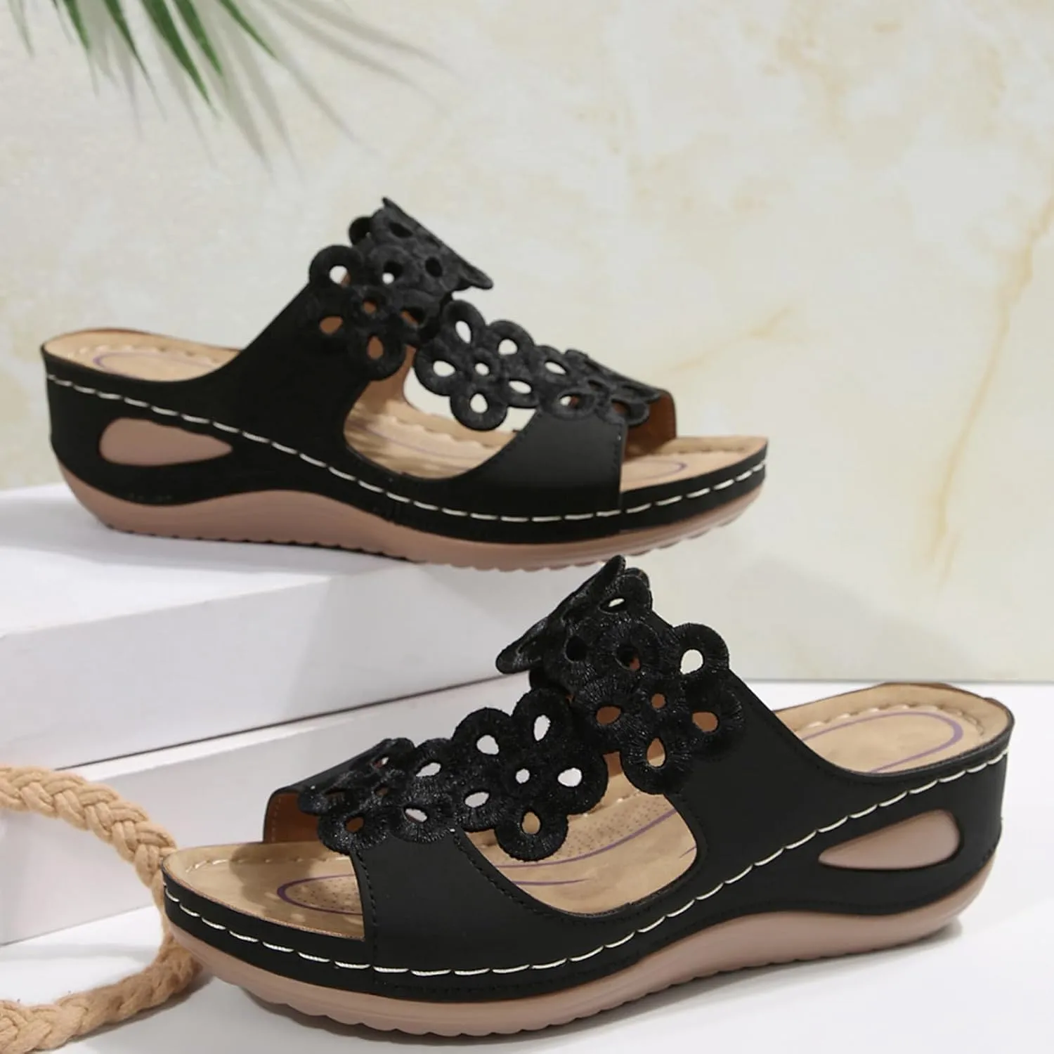 Women's Platform & Wedge Sandals Arch Support Orthopedic Sandals Hollow Out Flower Two Strap Wedges, Comfortable Slip On Walking Slippers Open Toe Casual Beach Platform Shoes