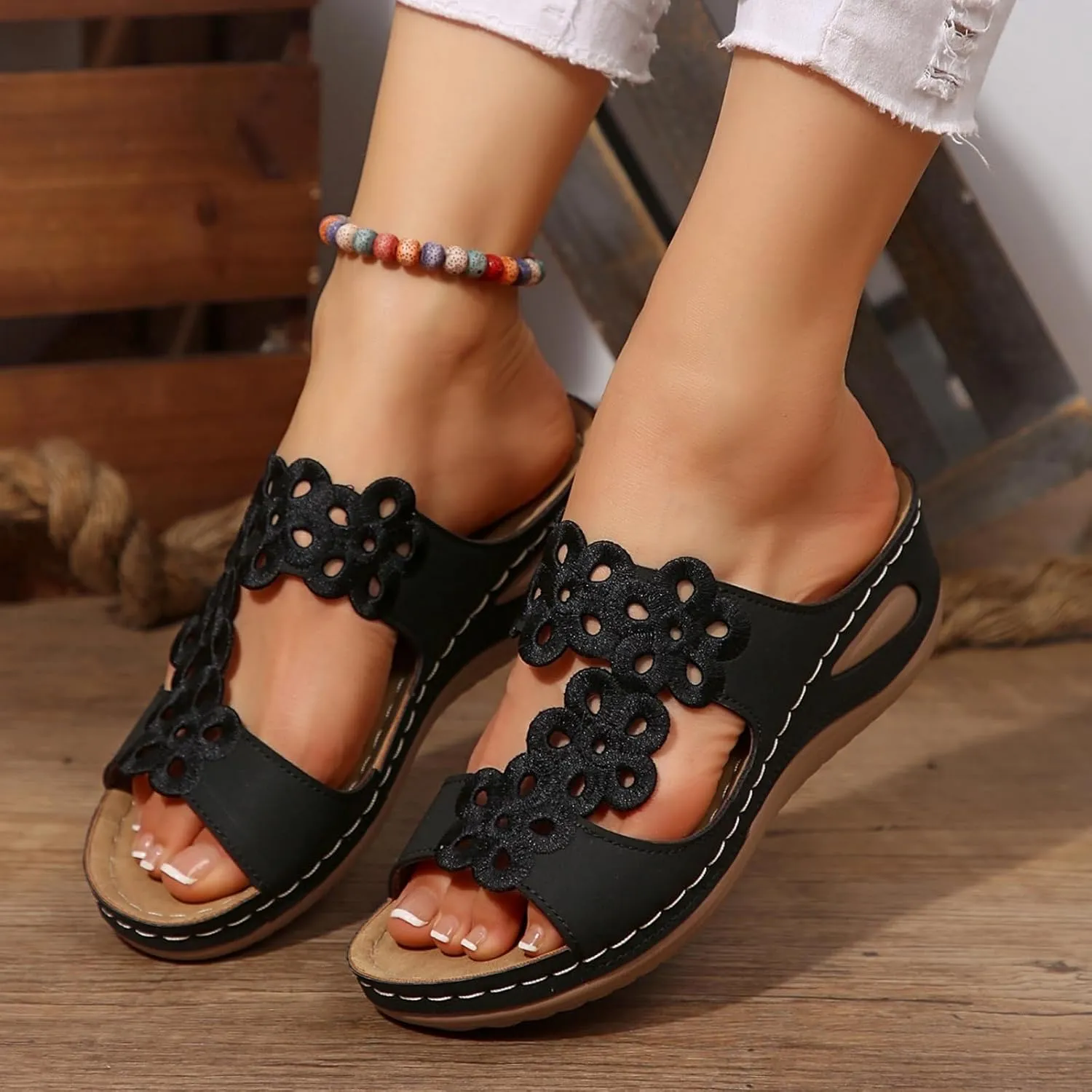 Women's Platform & Wedge Sandals Arch Support Orthopedic Sandals Hollow Out Flower Two Strap Wedges, Comfortable Slip On Walking Slippers Open Toe Casual Beach Platform Shoes