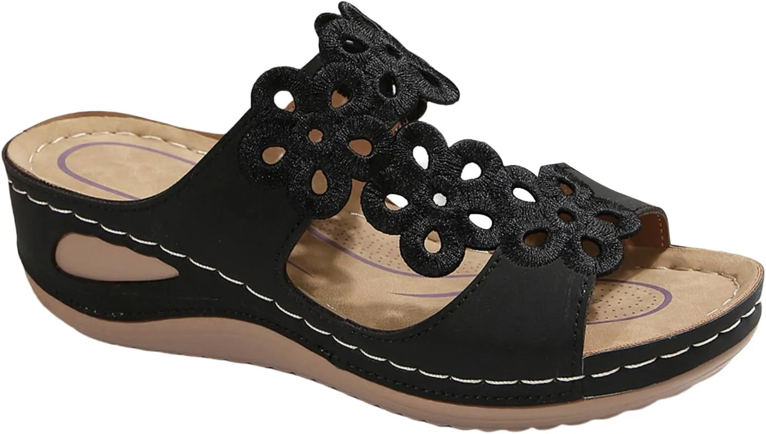 Women's Platform & Wedge Sandals Arch Support Orthopedic Sandals Hollow Out Flower Two Strap Wedges, Comfortable Slip On Walking Slippers Open Toe Casual Beach Platform Shoes