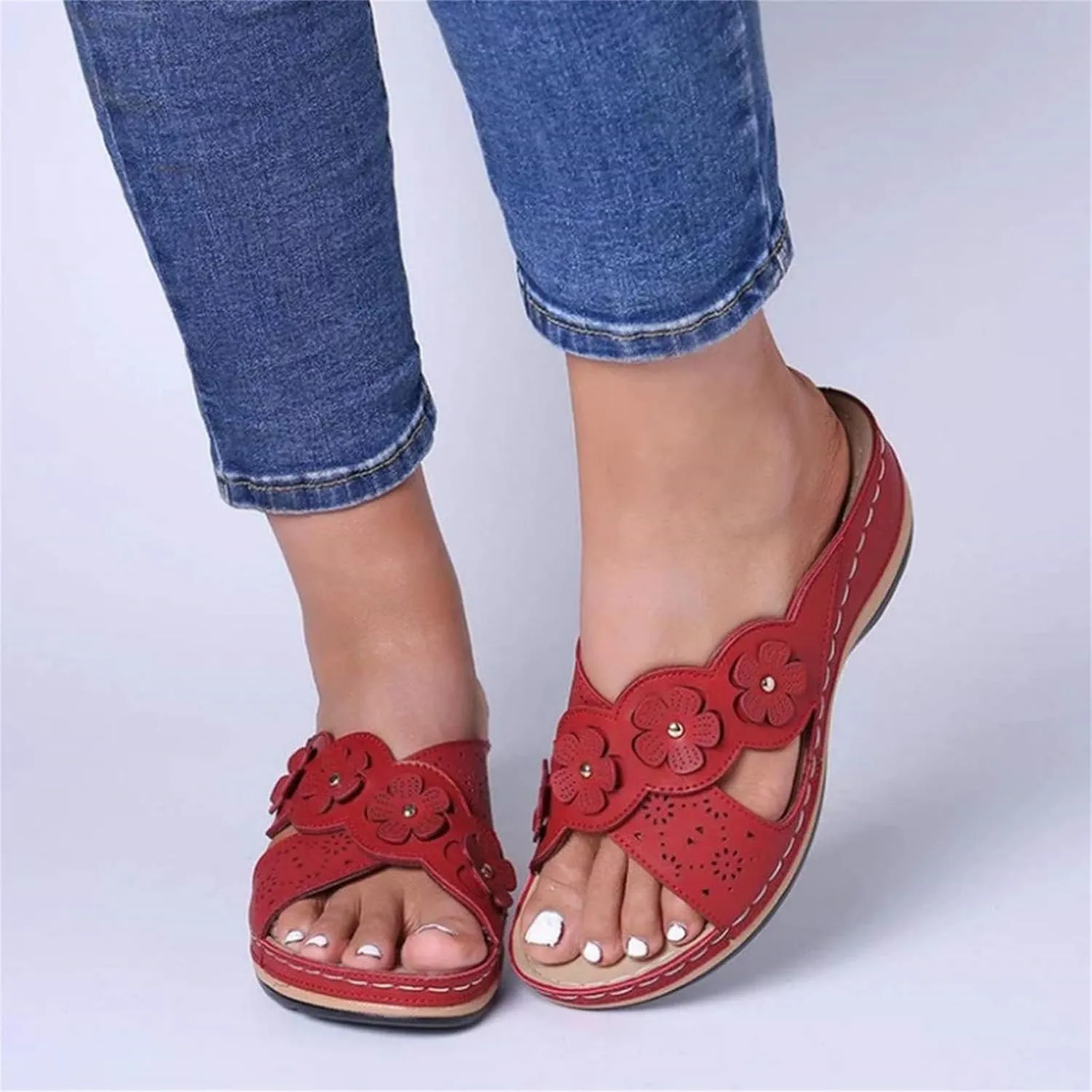 Womens Platform Wedge Sandals Orthopedic Sandals with Arch Support Cushion Footbed Platform Slide Hollowed Slip On Casual Bohemian Fashion Lightweight Slippers