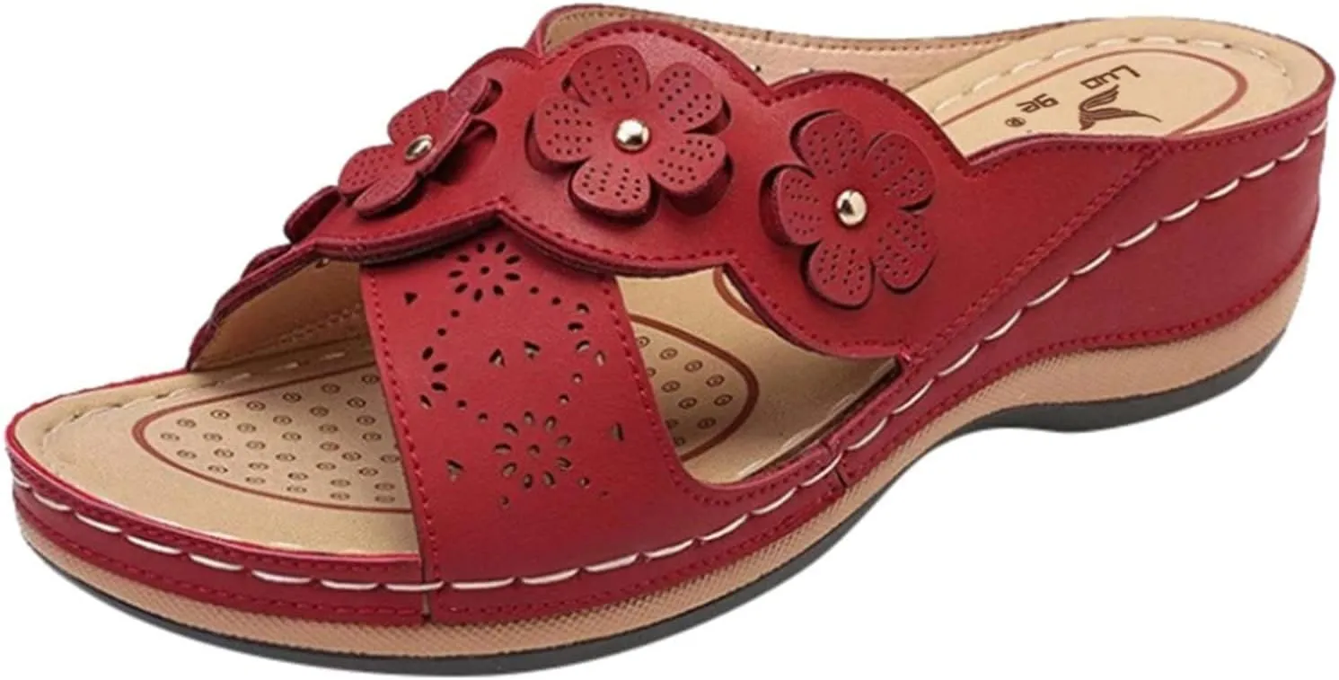 Womens Platform Wedge Sandals Orthopedic Sandals with Arch Support Cushion Footbed Platform Slide Hollowed Slip On Casual Bohemian Fashion Lightweight Slippers