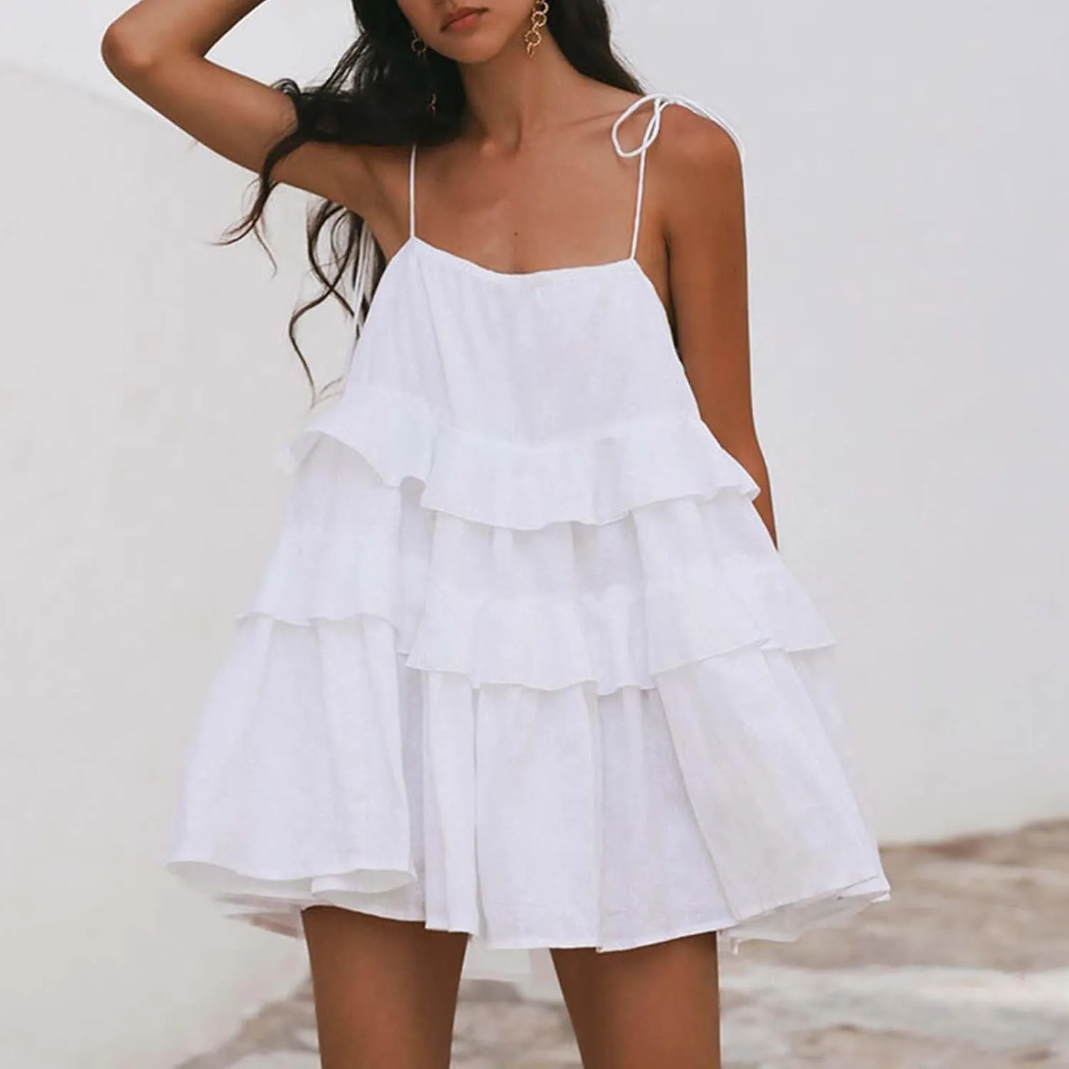 Women's Plus Size Ruffle Hem Cami Mini Dress Square Neck Spaghetti Strap A Line Swing Flowy Spring Summer Loose Short Dresses