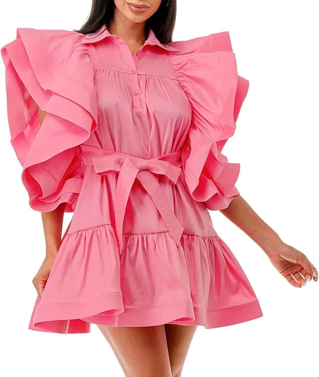 Womens Ruffles Boho Floral Printed Babydoll Loose Swing Casual Short Mini T-Shirt Dress