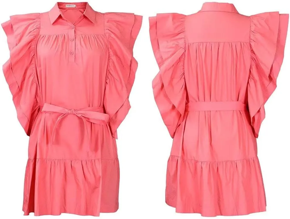 Womens Ruffles Boho Floral Printed Babydoll Loose Swing Casual Short Mini T-Shirt Dress