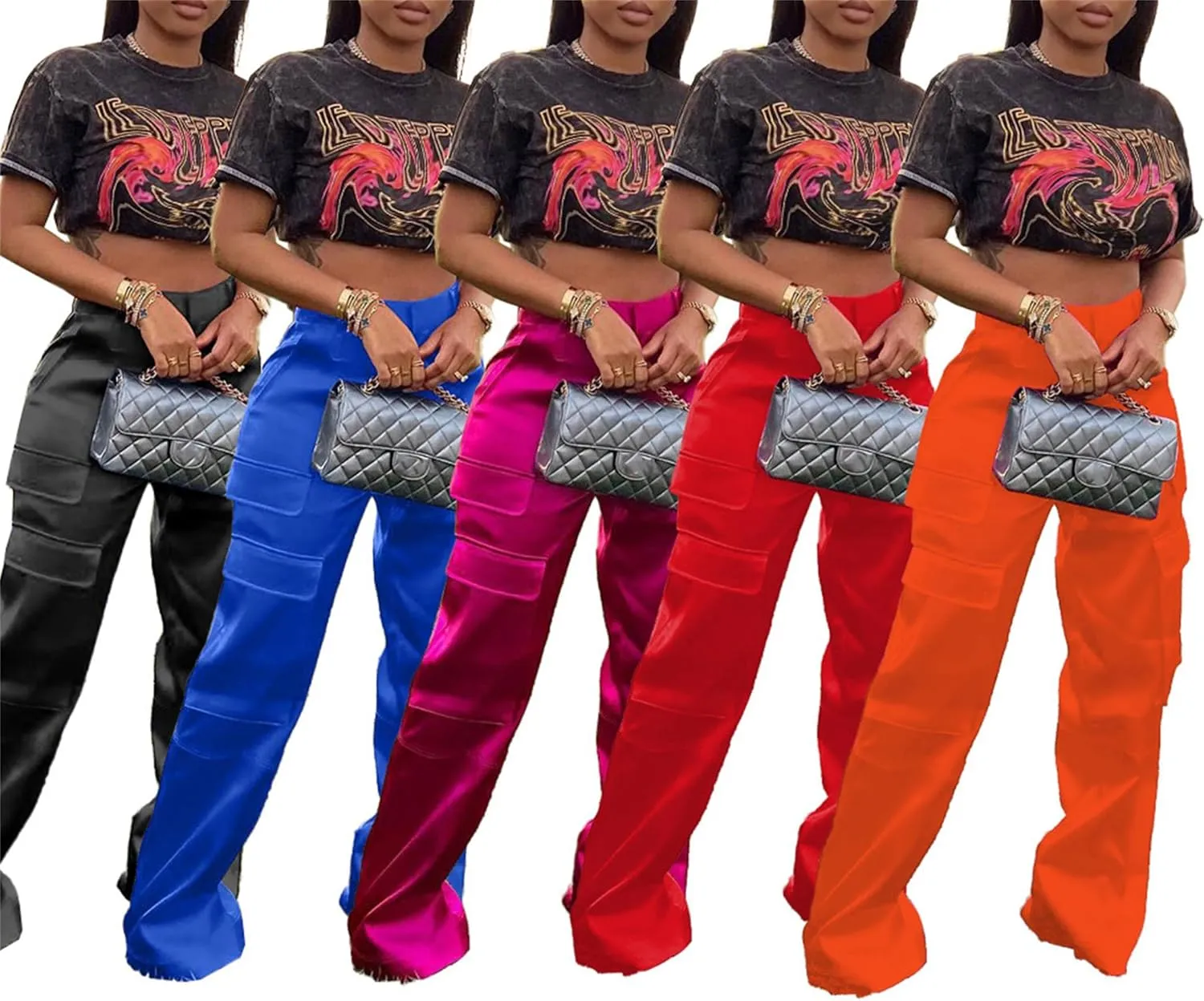 Women's Satin Cargo Wide Leg Pants High Waisted Relaxed Casual Multi Pocketed Straight Leg Trouser