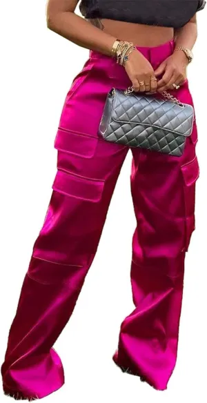 Women's Satin Cargo Wide Leg Pants High Waisted Relaxed Casual Multi Pocketed Straight Leg Trouser