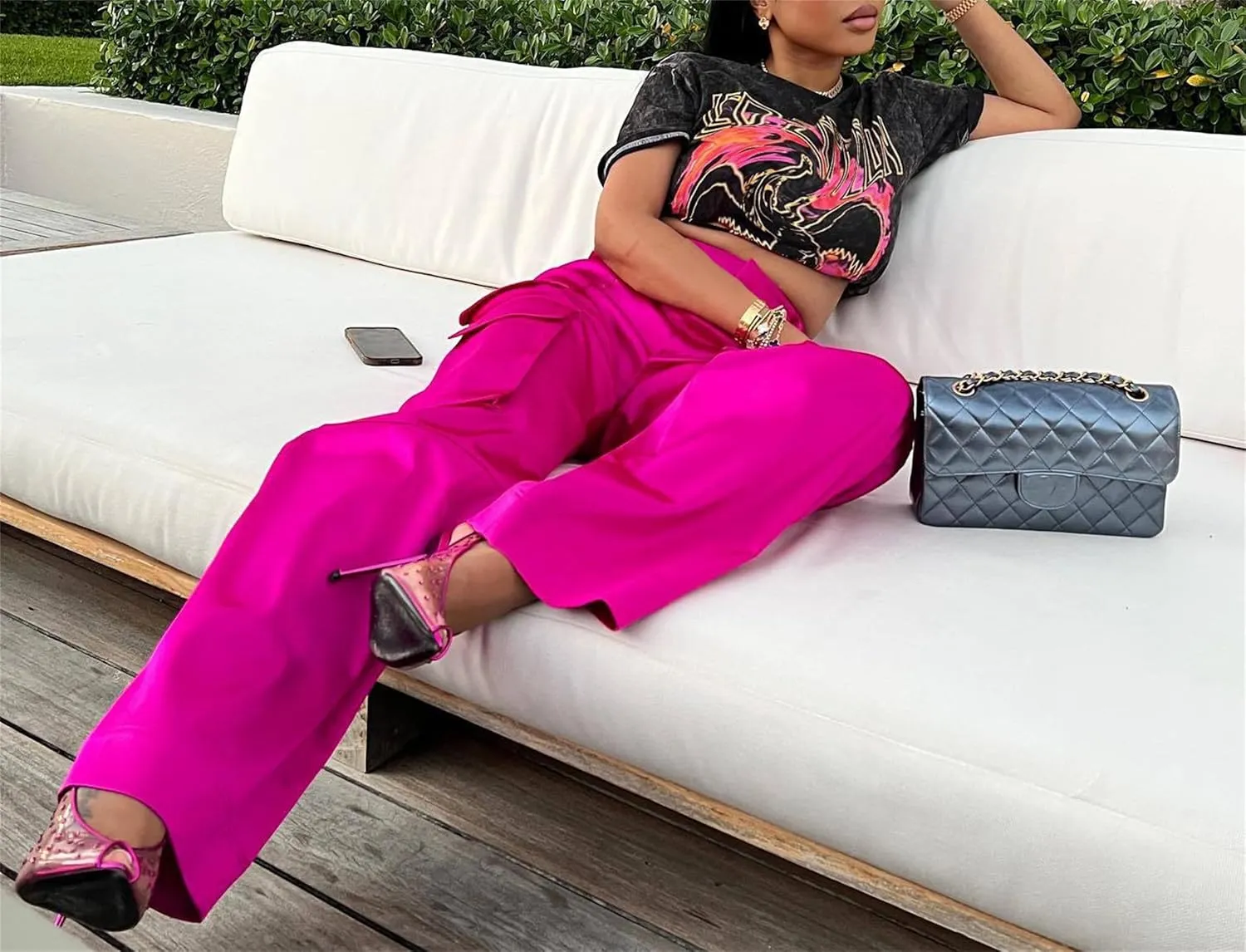 Women's Satin Cargo Wide Leg Pants High Waisted Relaxed Casual Multi Pocketed Straight Leg Trouser