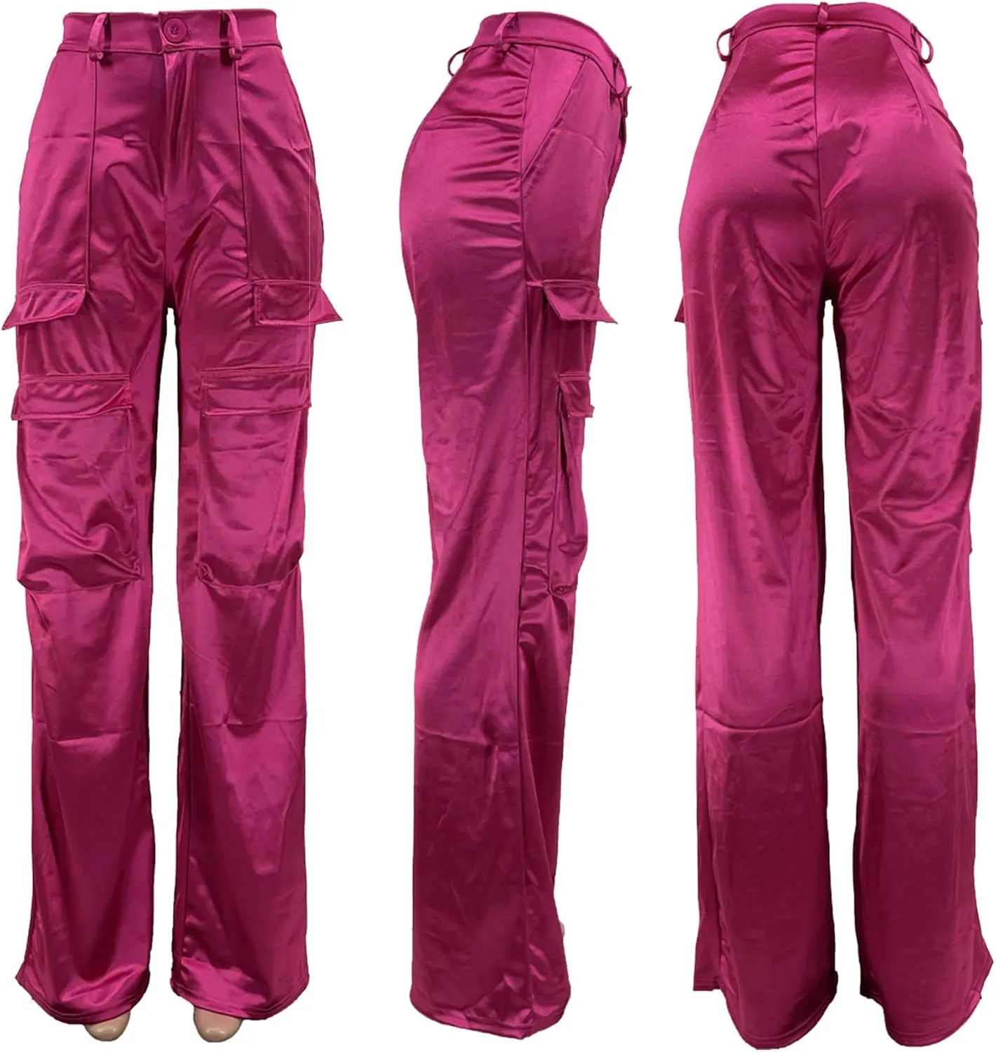 Women's Satin Cargo Wide Leg Pants High Waisted Relaxed Casual Multi Pocketed Straight Leg Trouser