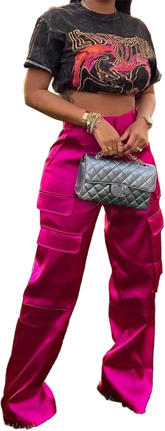 Women's Satin Cargo Wide Leg Pants High Waisted Relaxed Casual Multi Pocketed Straight Leg Trouser
