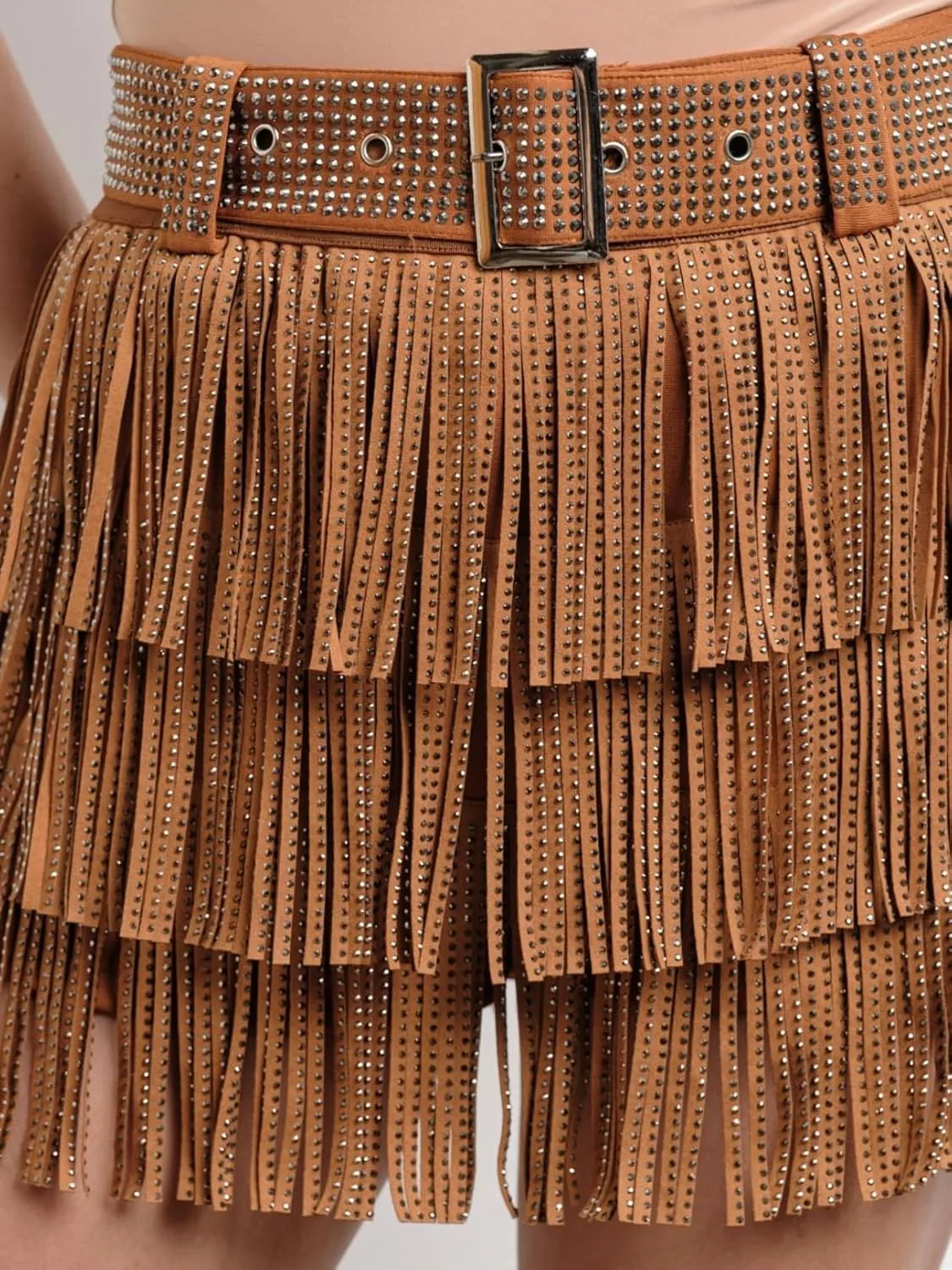 Womens Sparkle Rhinestone Fringe Shorts Pants Elastic Band Skort Western Cowgirl Mini Skirt Built-in Short
