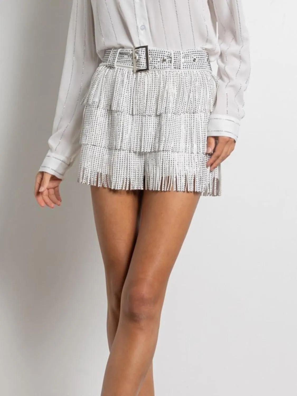 Womens Sparkle Rhinestone Fringe Shorts Pants Elastic Band Skort Western Cowgirl Mini Skirt Built-in Short