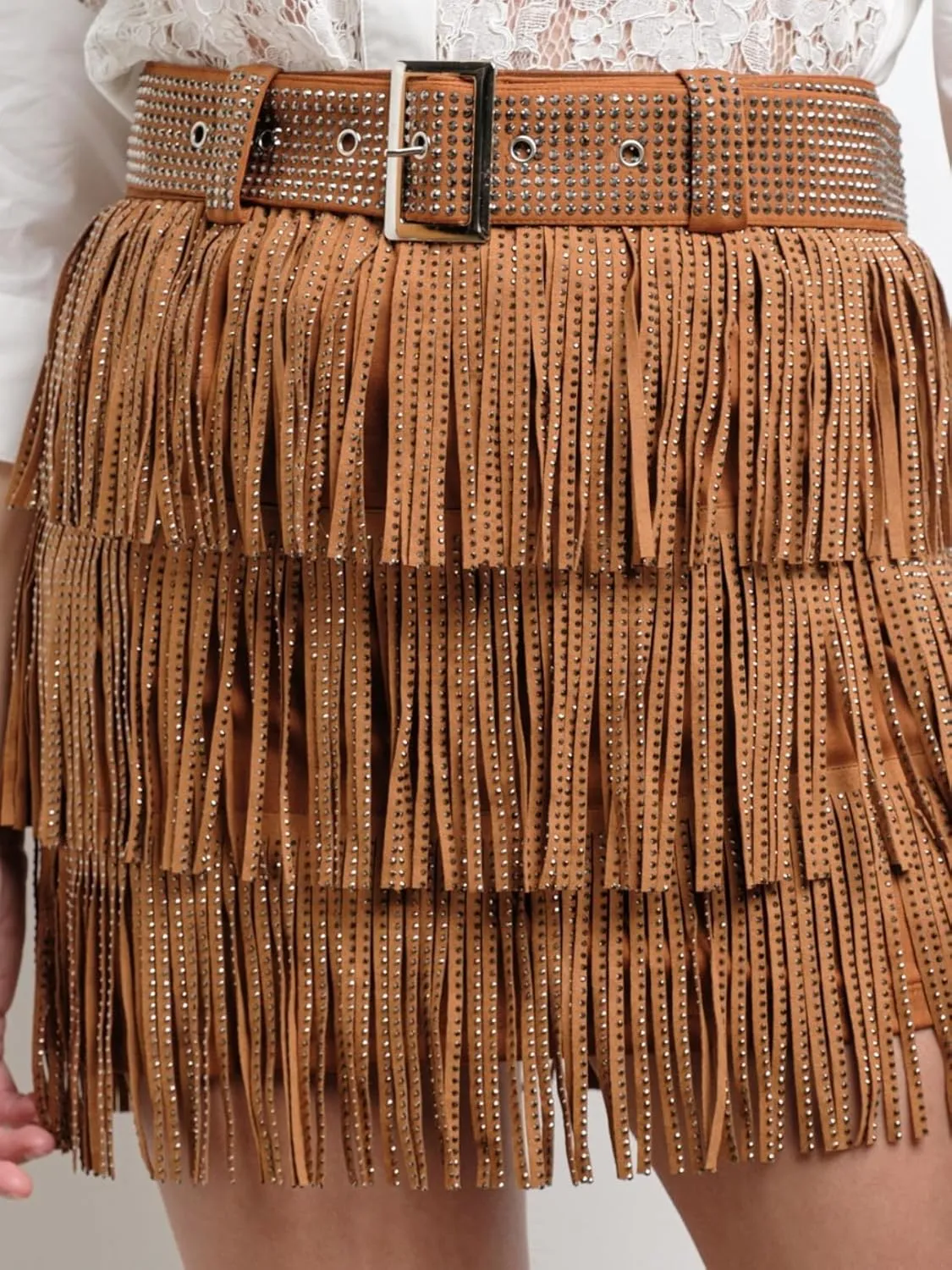 Womens Sparkle Rhinestone Fringe Shorts Pants Elastic Band Skort Western Cowgirl Mini Skirt Built-in Short