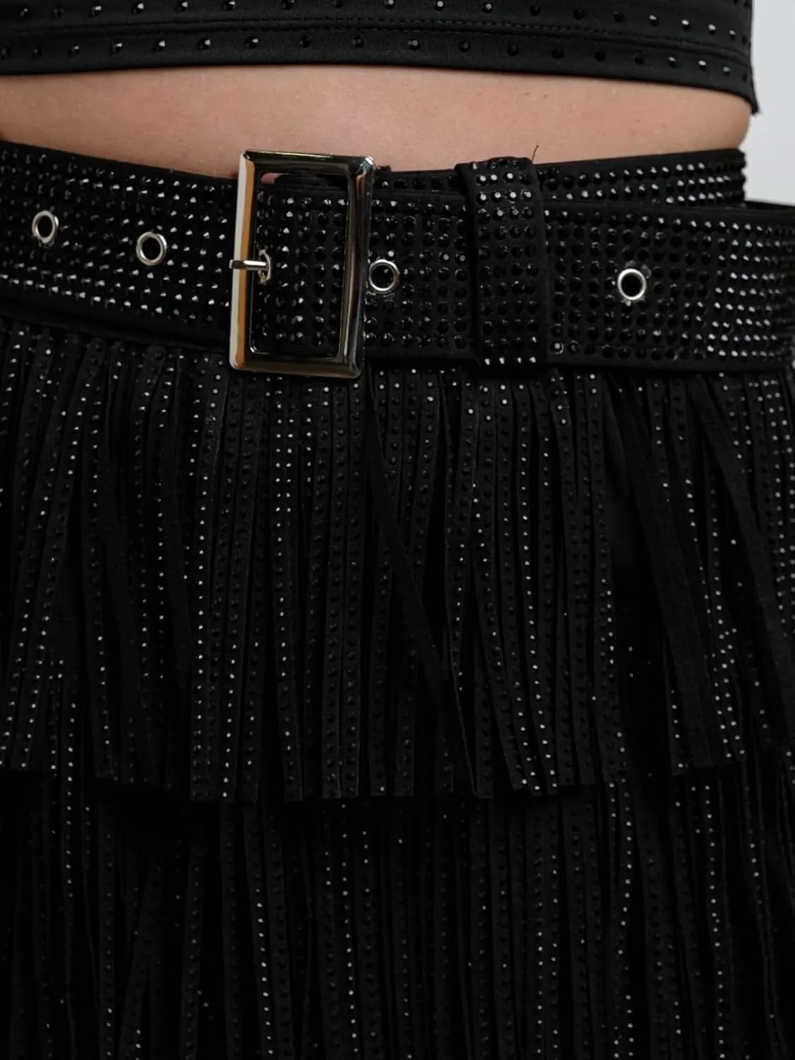 Womens Sparkle Rhinestone Fringe Shorts Pants Elastic Band Skort Western Cowgirl Mini Skirt Built-in Short
